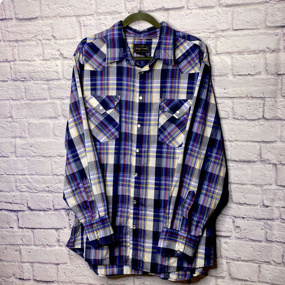 Vintage High Noon Western Blue Plaid Pearl Button Mens Long Sleeve Sz XL